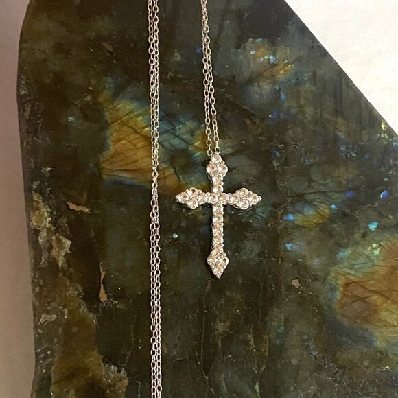 Sterling Silver 925 Dainty Round Prong Set White Sapphire Cross Necklace 18" - Picture 1 of 16